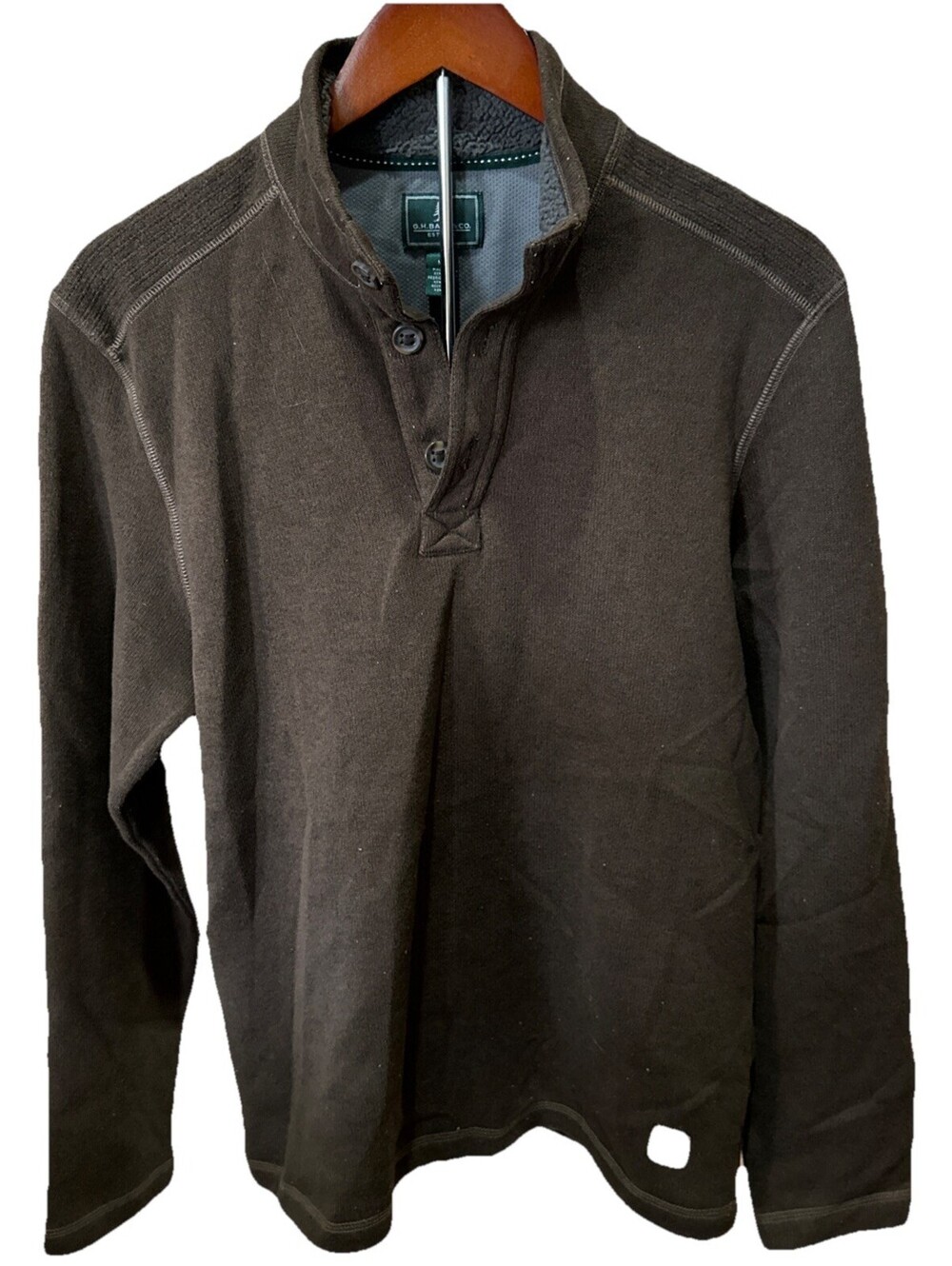 G H Bass & Co Mens Fleece Lined 3 Button Sweater Medium Brown Long Sleeve